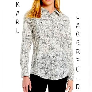 🇫🇷 KARL LAGERFELD Eiffle Tower Paris Blouse Shirt Large